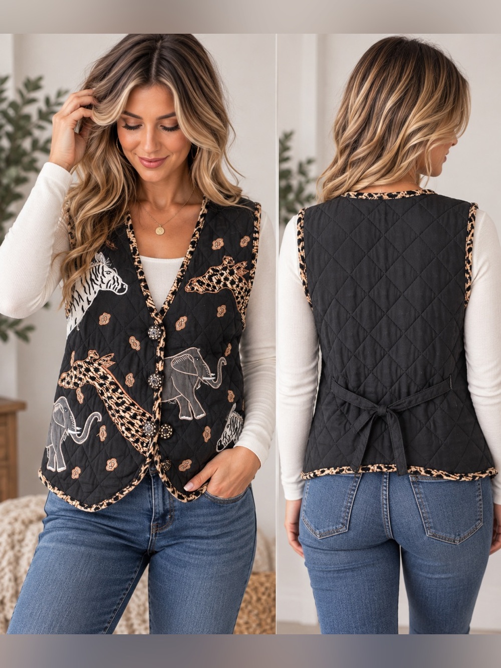 New Direction M Safari Animal Embroidered Quilted Vest Giraffe Zebra Elephant